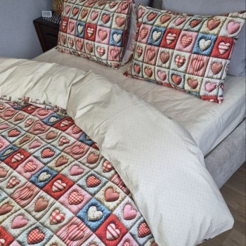 Постель хлопок в сердечки cotton 5D Кантри+Горошек беж
