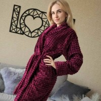 Халат женский батал с воротником Клеточка Бордо микрофибра