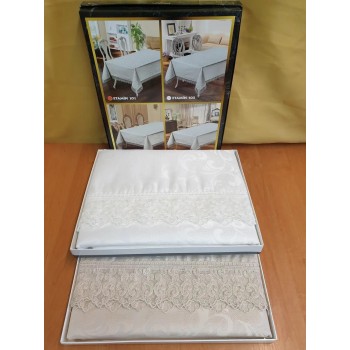 Жаккардовая скатерть на стол с кружевом Etamin Cappucino 160x220 Турция изображение 2 Жаккардовая скатерть на стол с кружевом Etamin Cappucino 160x220 Турция фото 2